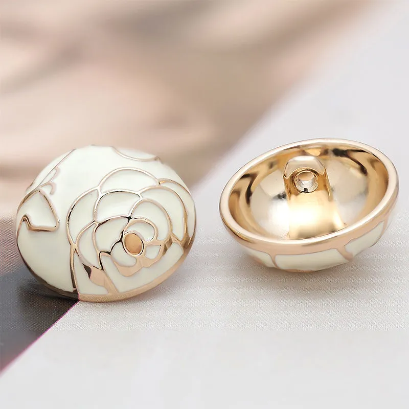 18mm White Camellia Textured Mushroom Shape Metal Buttons 6pcs