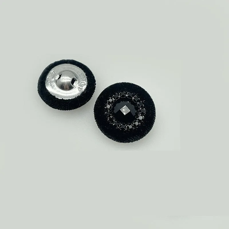 25mm Round Black Velvet-Covered Buttons with Diamonds for Coats Jackets 12pcs
