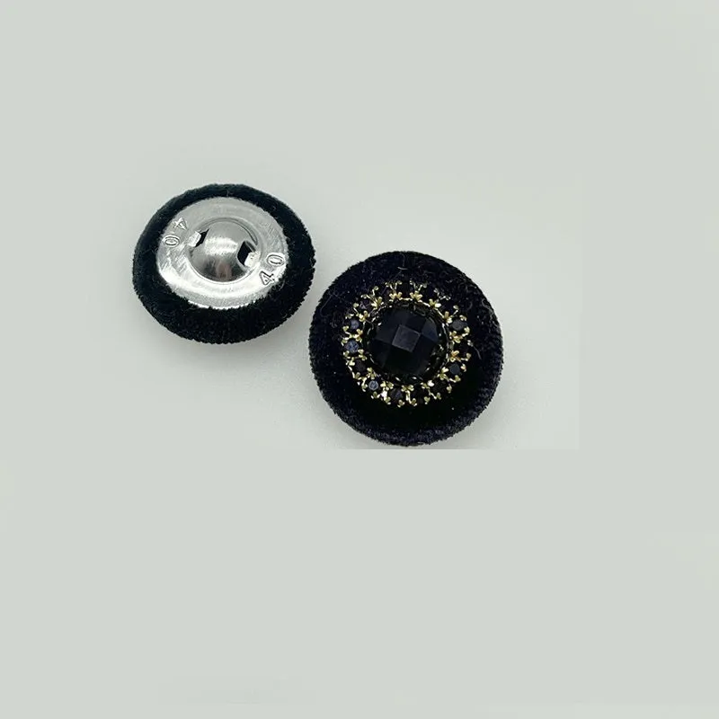 25mm Round Black Velvet-Covered Buttons with Diamonds for Coats Jackets 12pcs