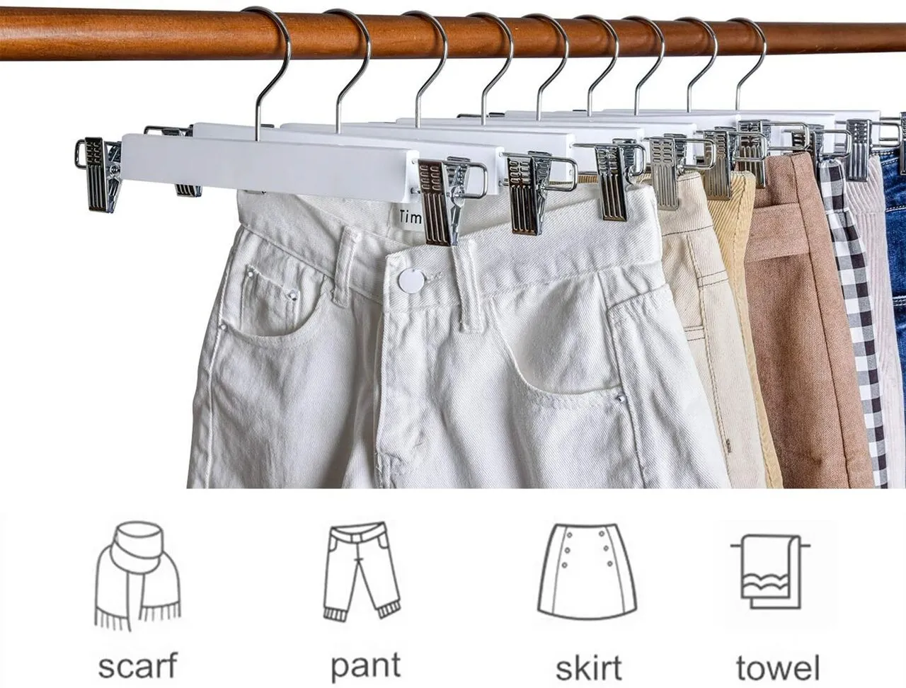 35.5cm White Wooden Pant Hanger With Clips 12mm thick Sold in Bundle of 20/50/100