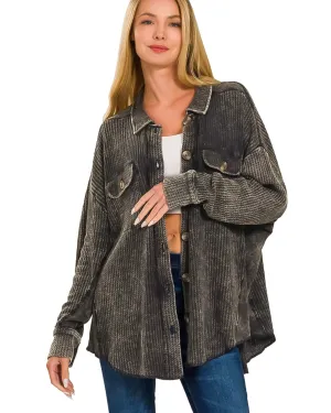Acid Wash Oversized Cotton Waffle Shacket