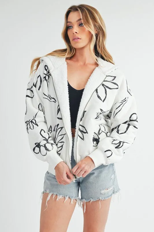 Aemi   Co Flower Print Zip Up Sherpa Hoodie