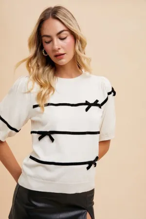Annie Striped Bow Round Neck Knit Top