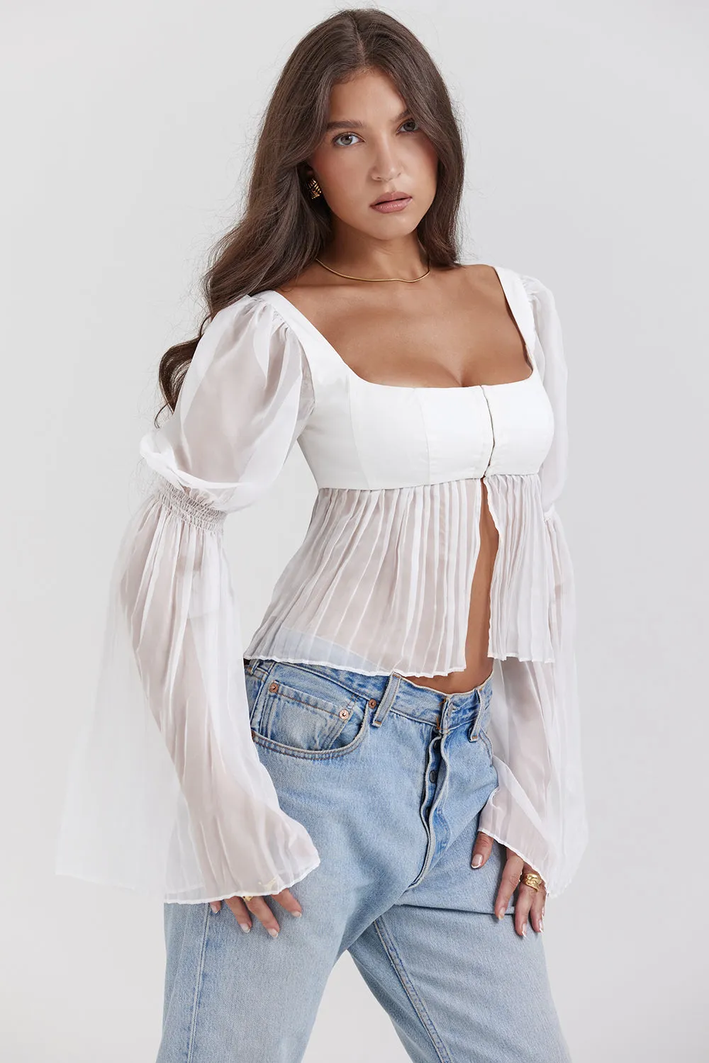 Becca Ruched Top | Women’s White Fitted Top with Soft Ruching and Minimalist Style