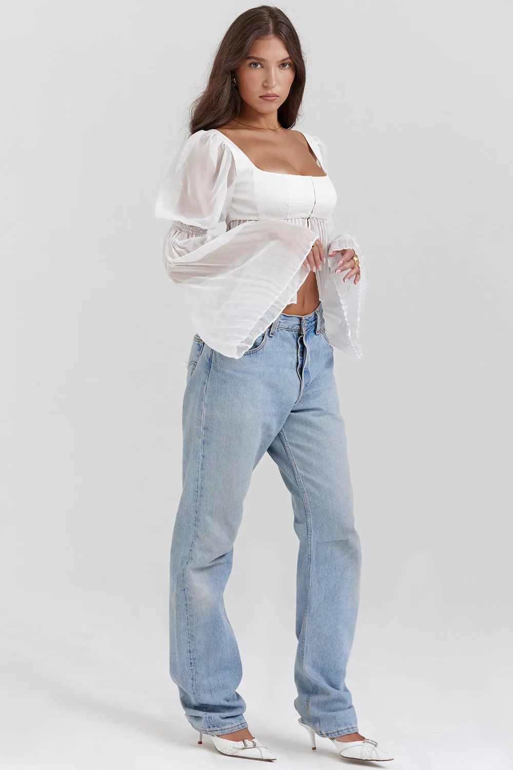 Becca Ruched Top | Women’s White Fitted Top with Soft Ruching and Minimalist Style