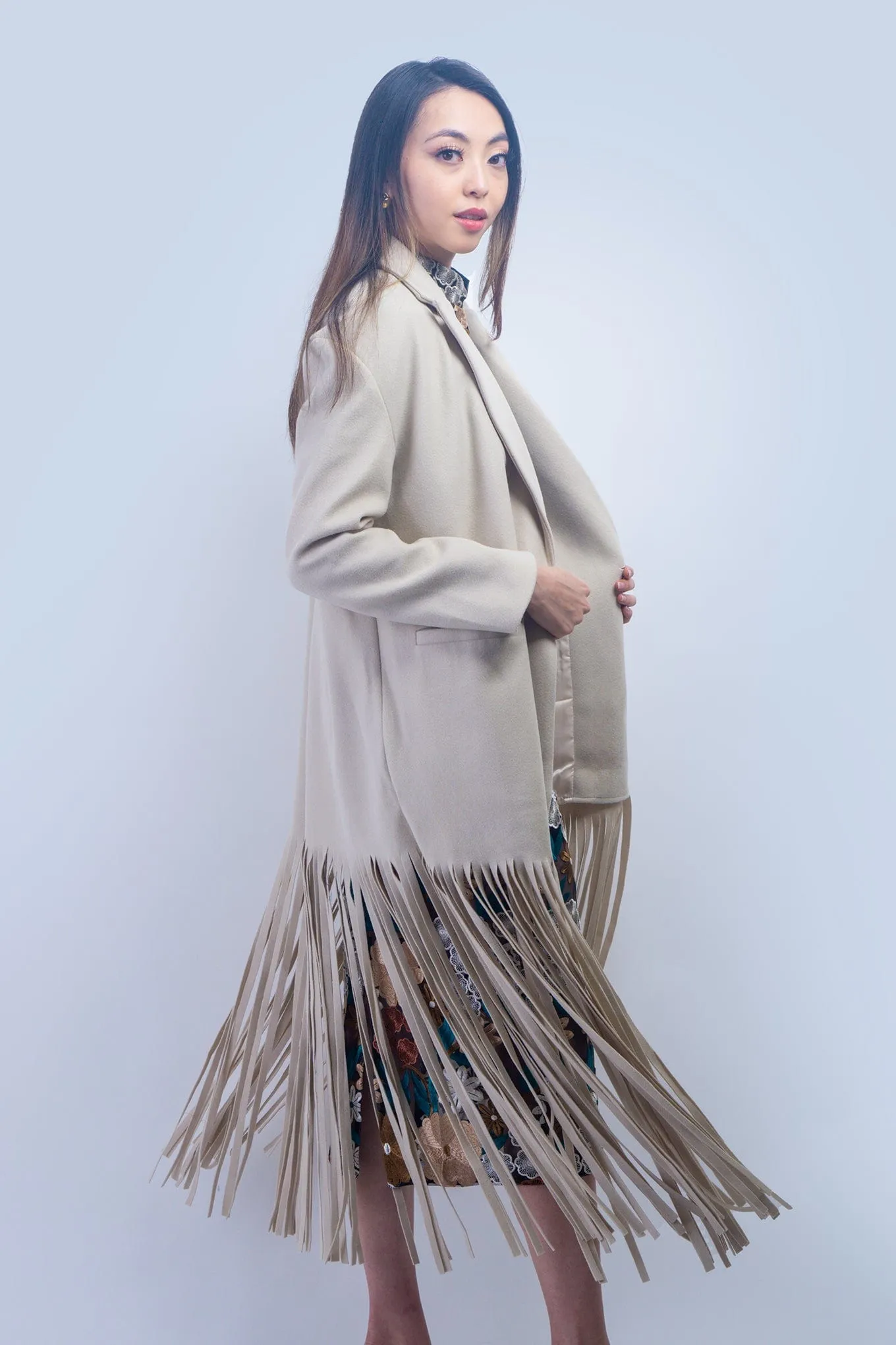 Beige Fringe Coat Jacket