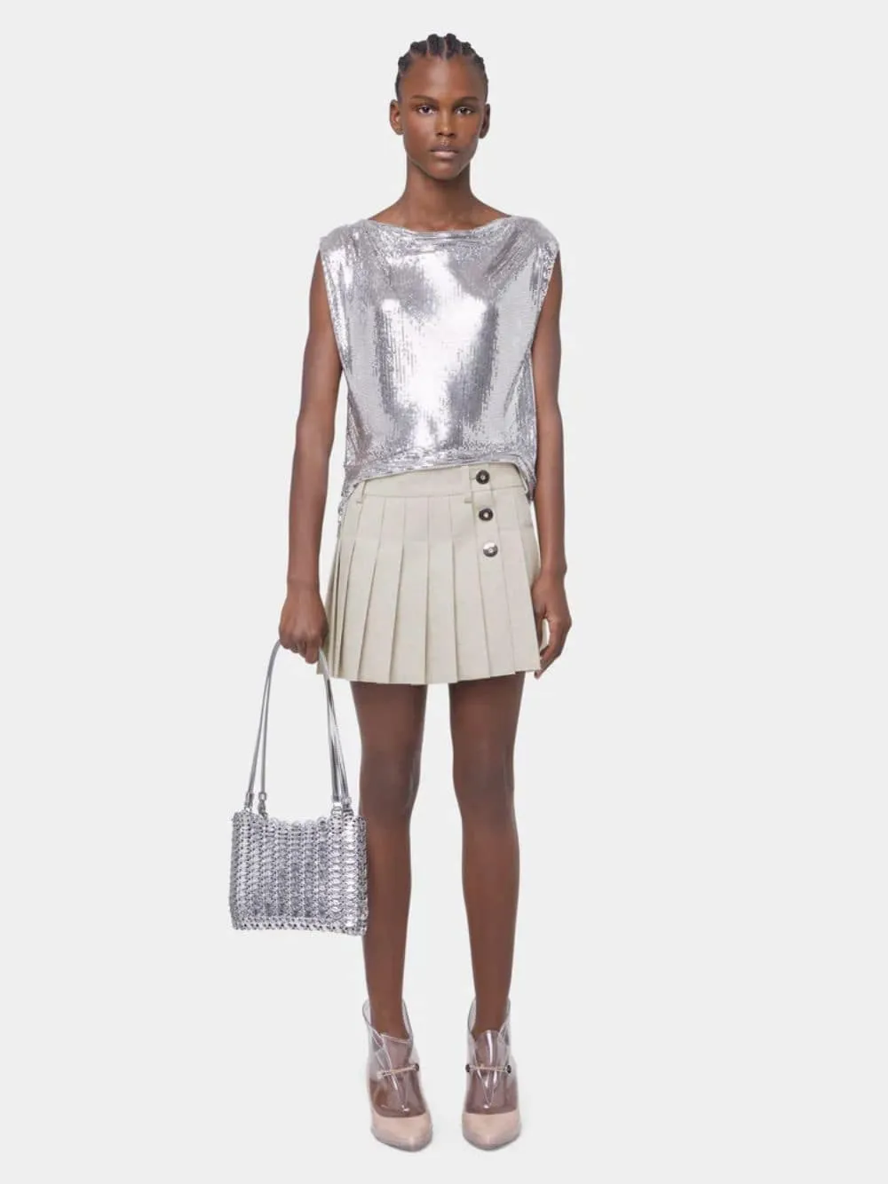 Beige Mottled Wool Mini Pleated Skirt