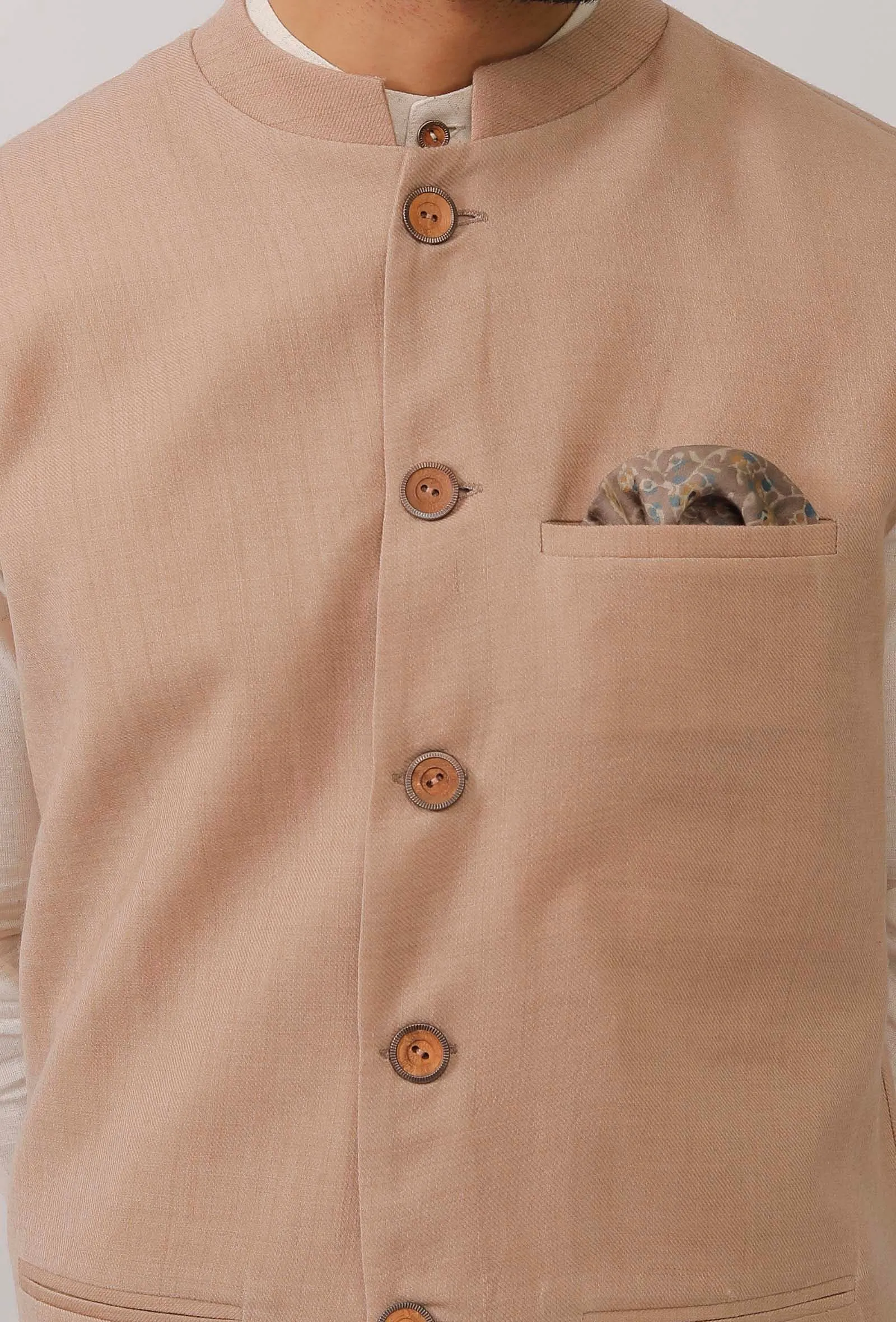 Beige Pure Kashmiri Wool Nehru Jacket