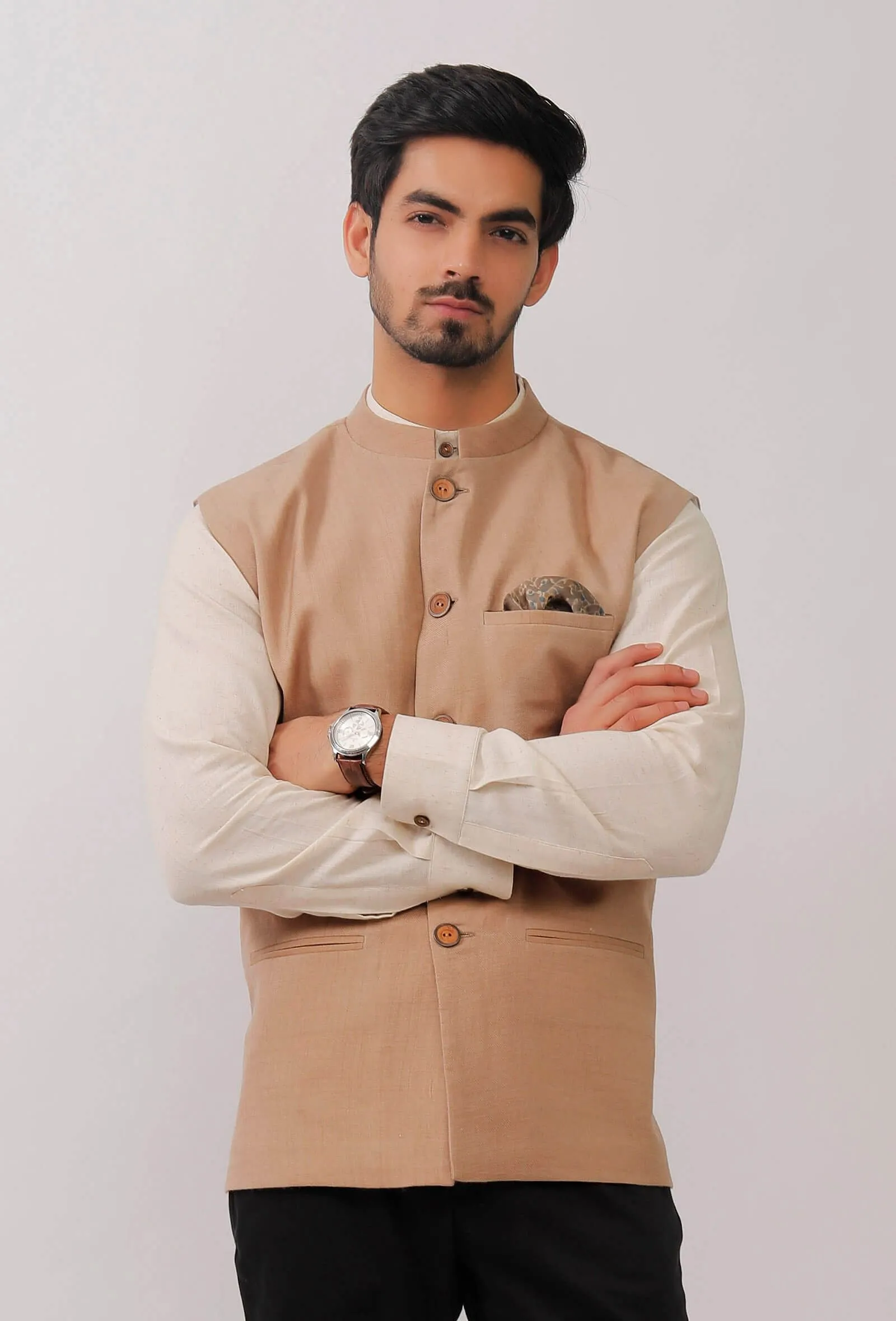 Beige Pure Kashmiri Wool Nehru Jacket
