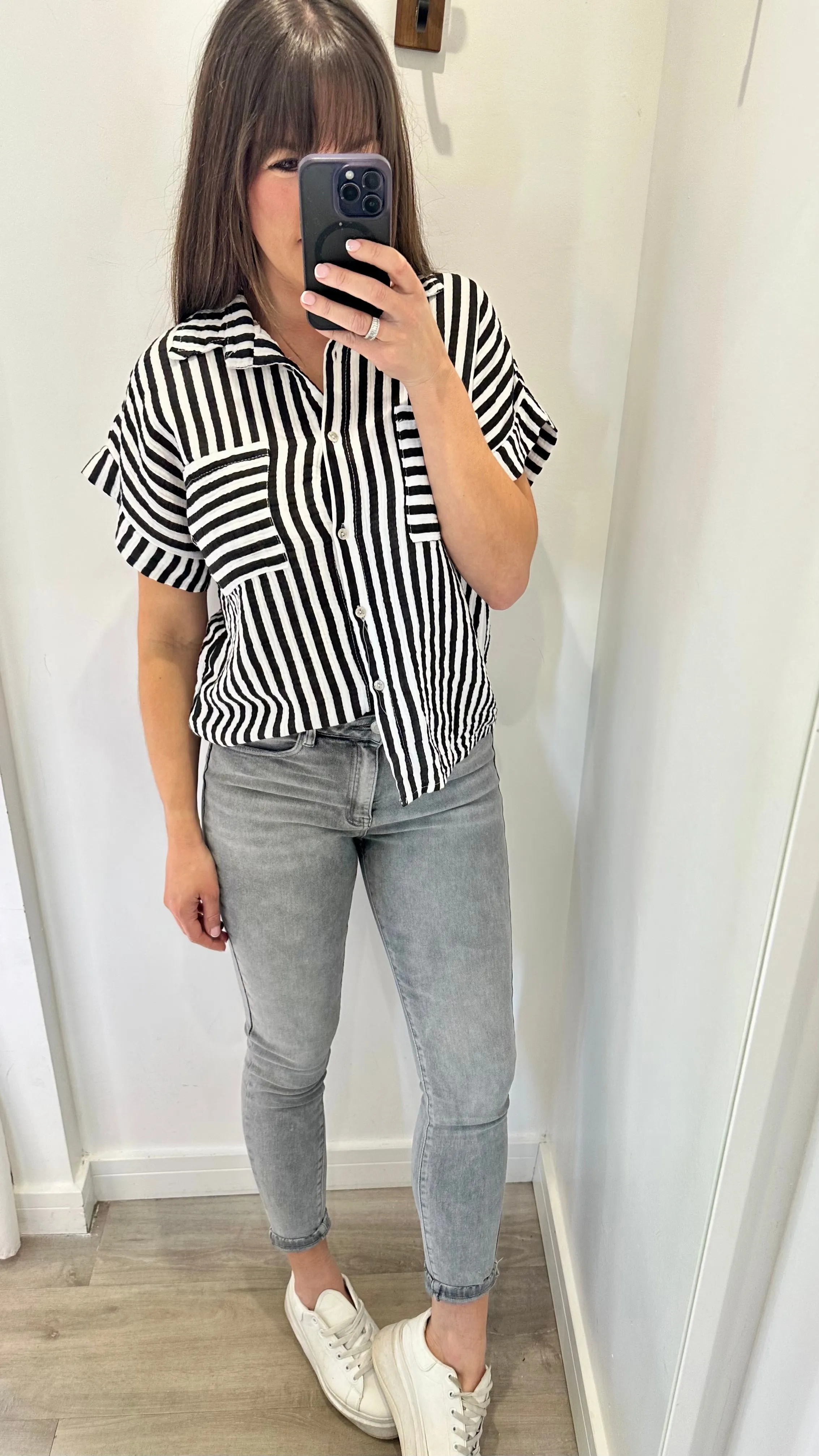 BLACK AND WHITE STRIPE CHEESECLOTH SHORT SLEEVE SHIRT