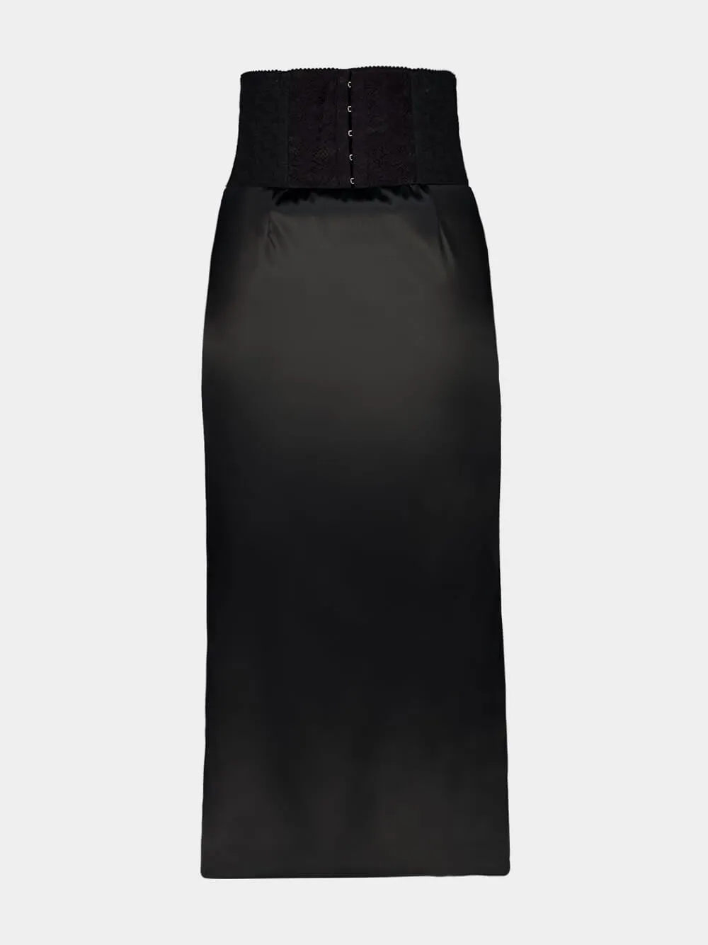 Black Satin Corset-Belt Midi Skirt