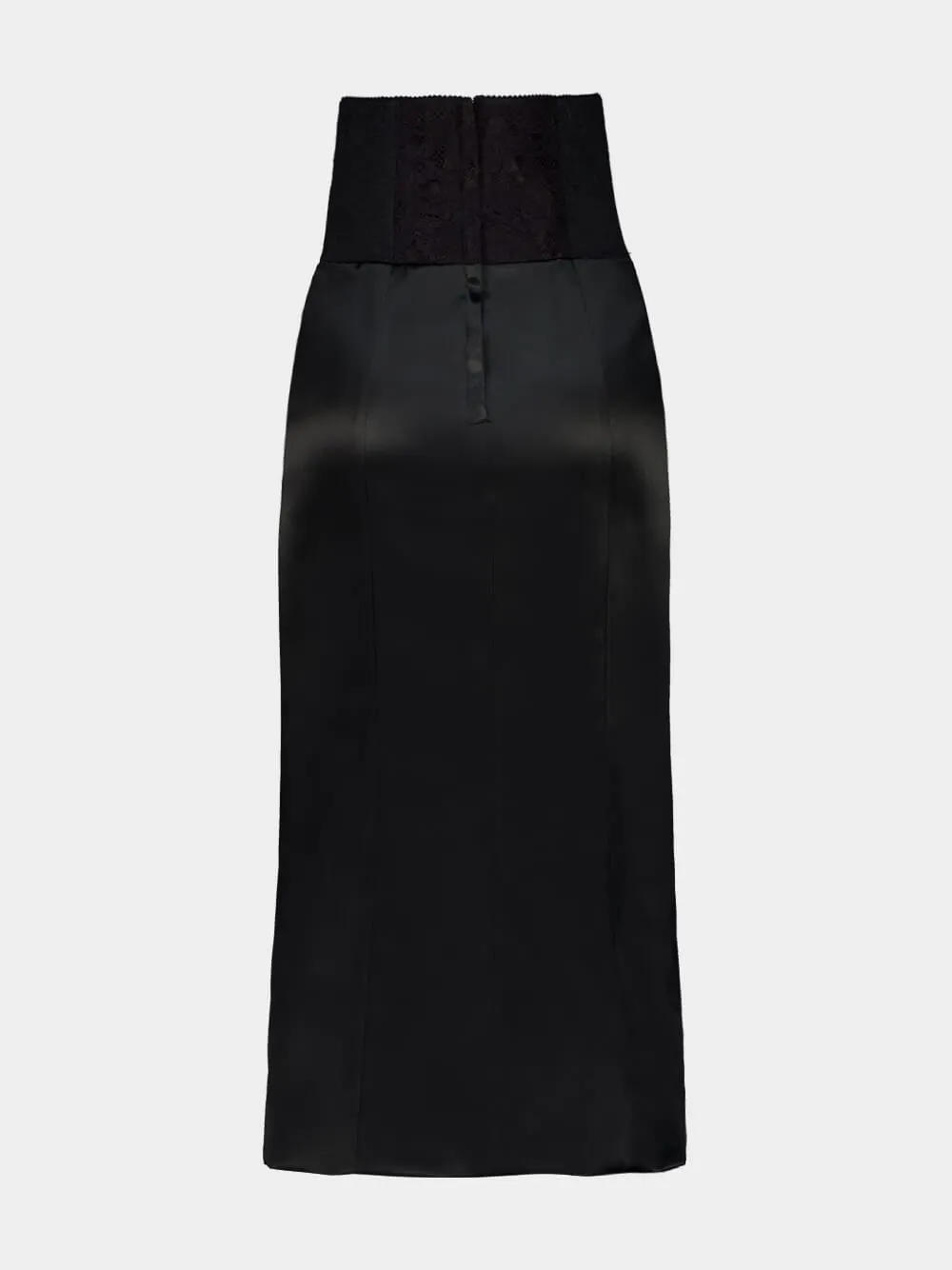 Black Satin Corset-Belt Midi Skirt