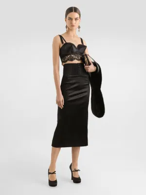 Black Satin Corset-Belt Midi Skirt