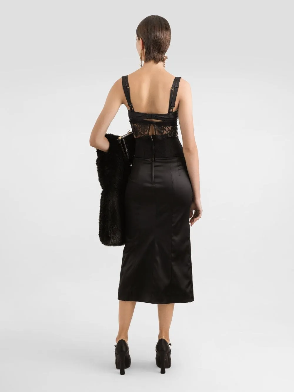 Black Satin Corset-Belt Midi Skirt