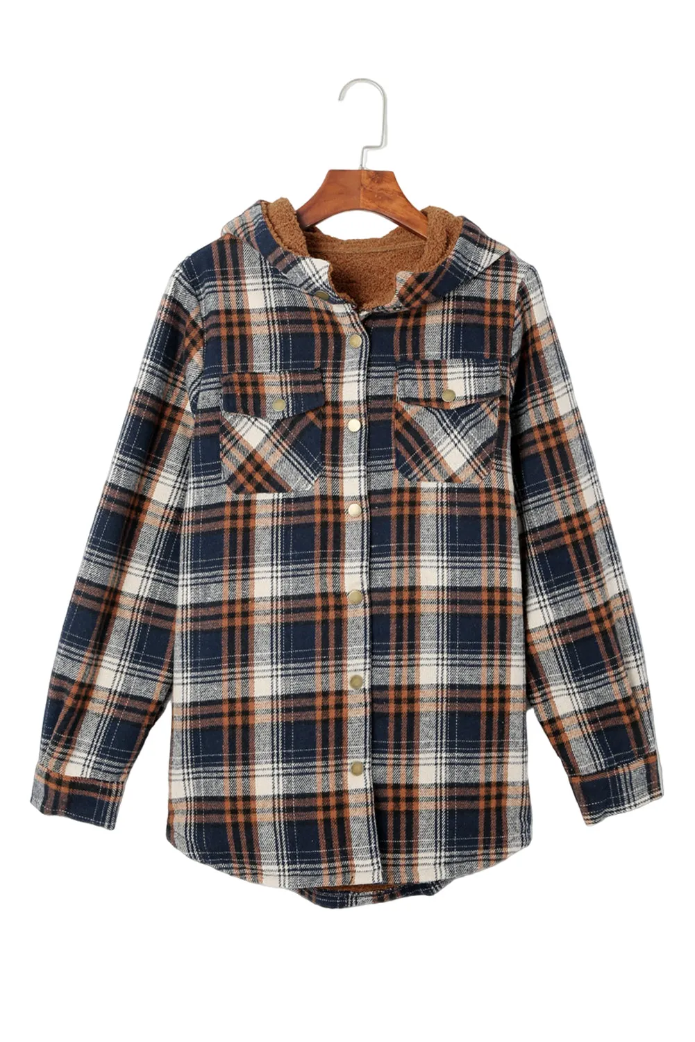 Blue-2 Plaid Pattern Sherpa Lined Hooded Shacket