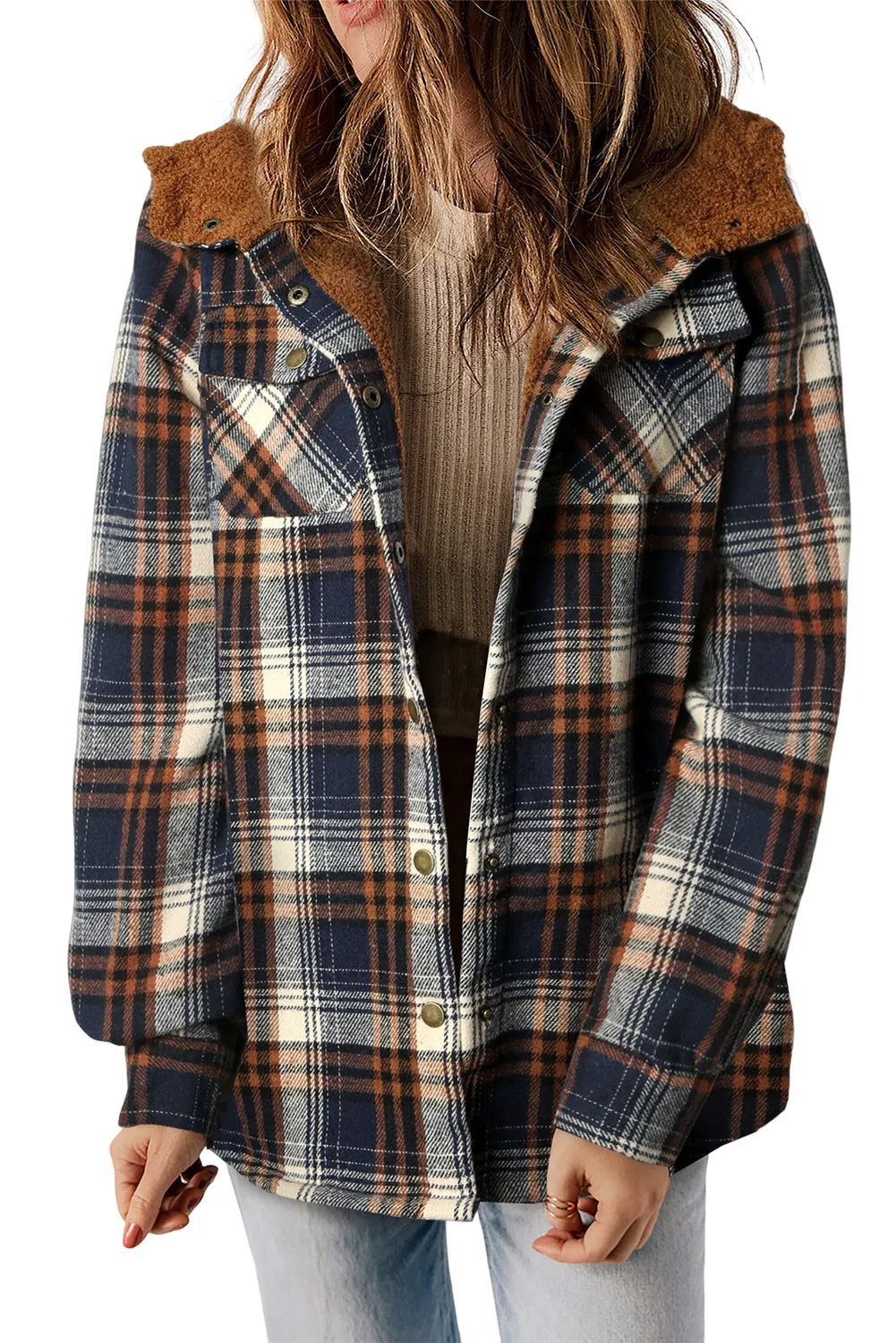 Blue-2 Plaid Pattern Sherpa Lined Hooded Shacket