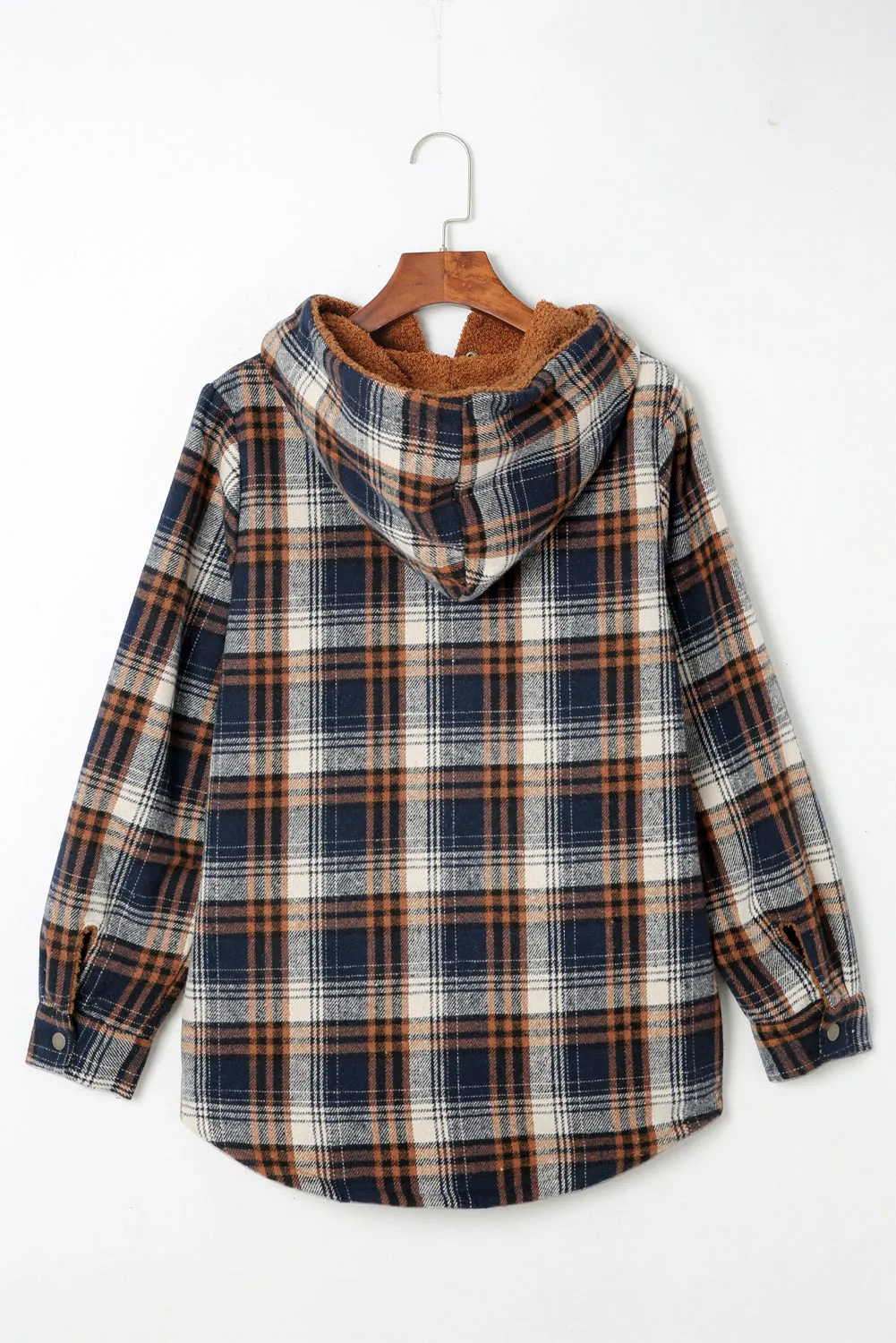 Blue-2 Plaid Pattern Sherpa Lined Hooded Shacket