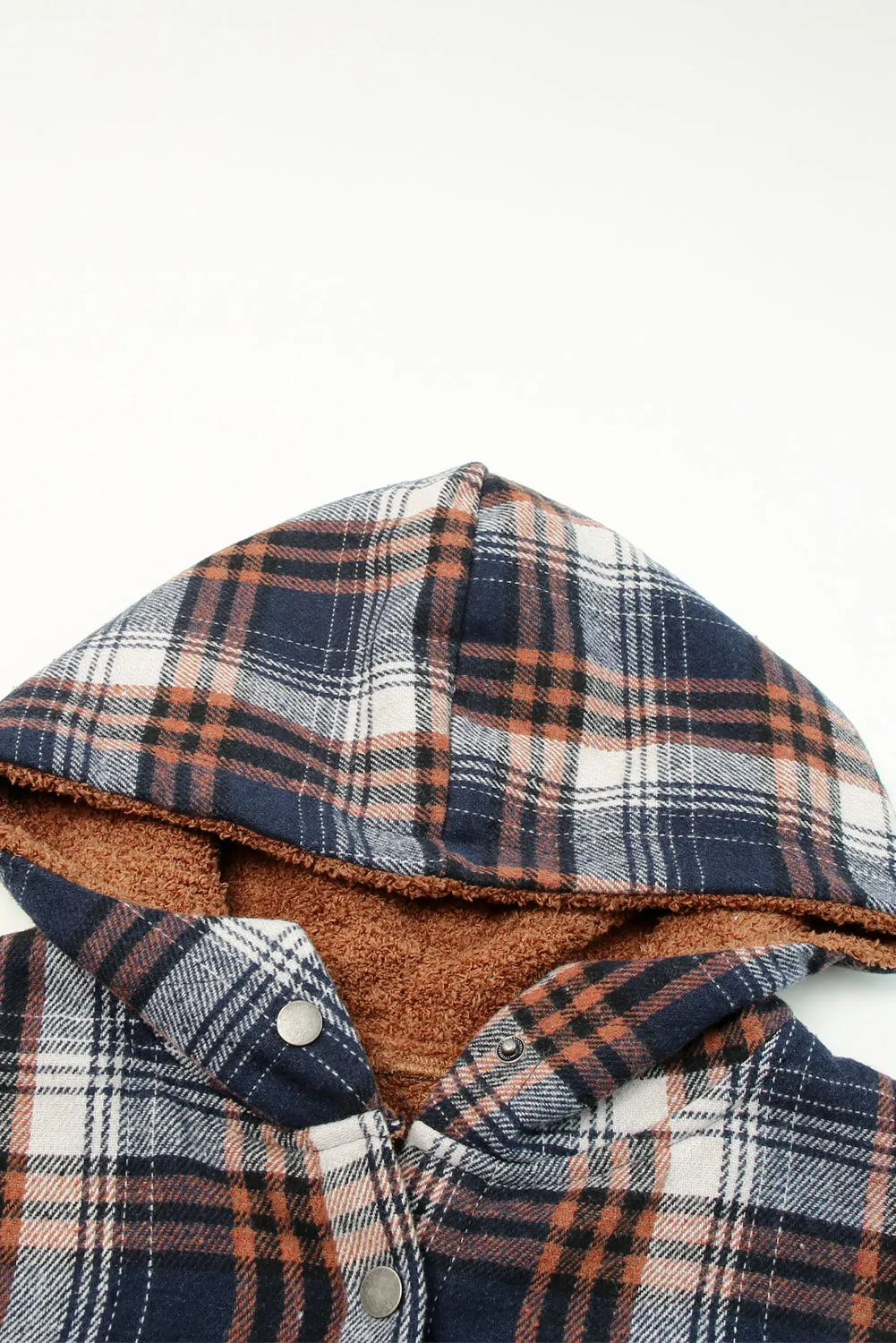 Blue-2 Plaid Pattern Sherpa Lined Hooded Shacket