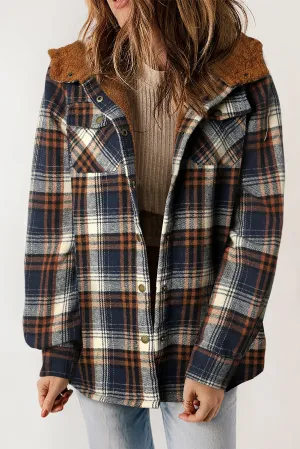 Blue-2 Plaid Pattern Sherpa Lined Hooded Shacket