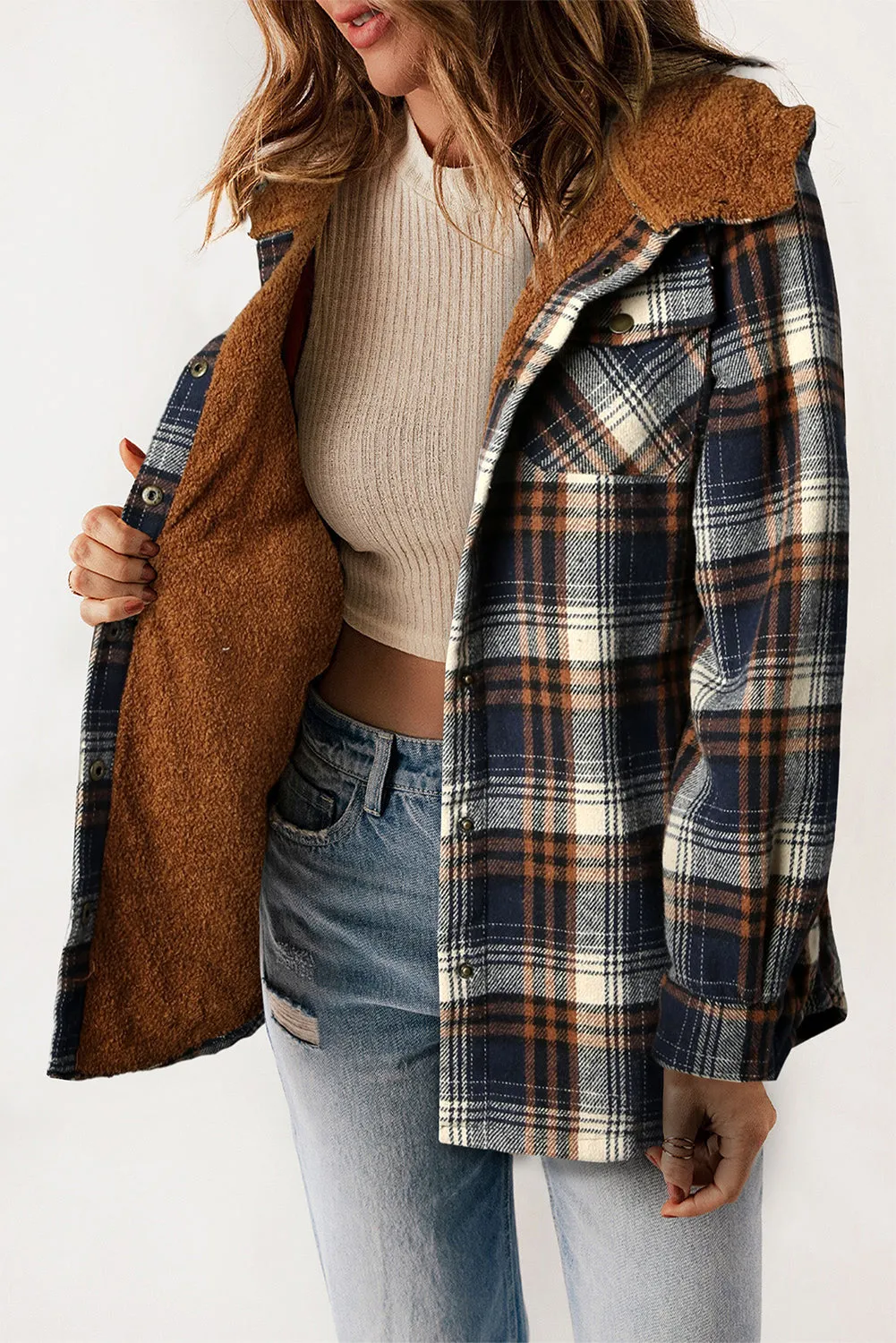 Blue-2 Plaid Pattern Sherpa Lined Hooded Shacket