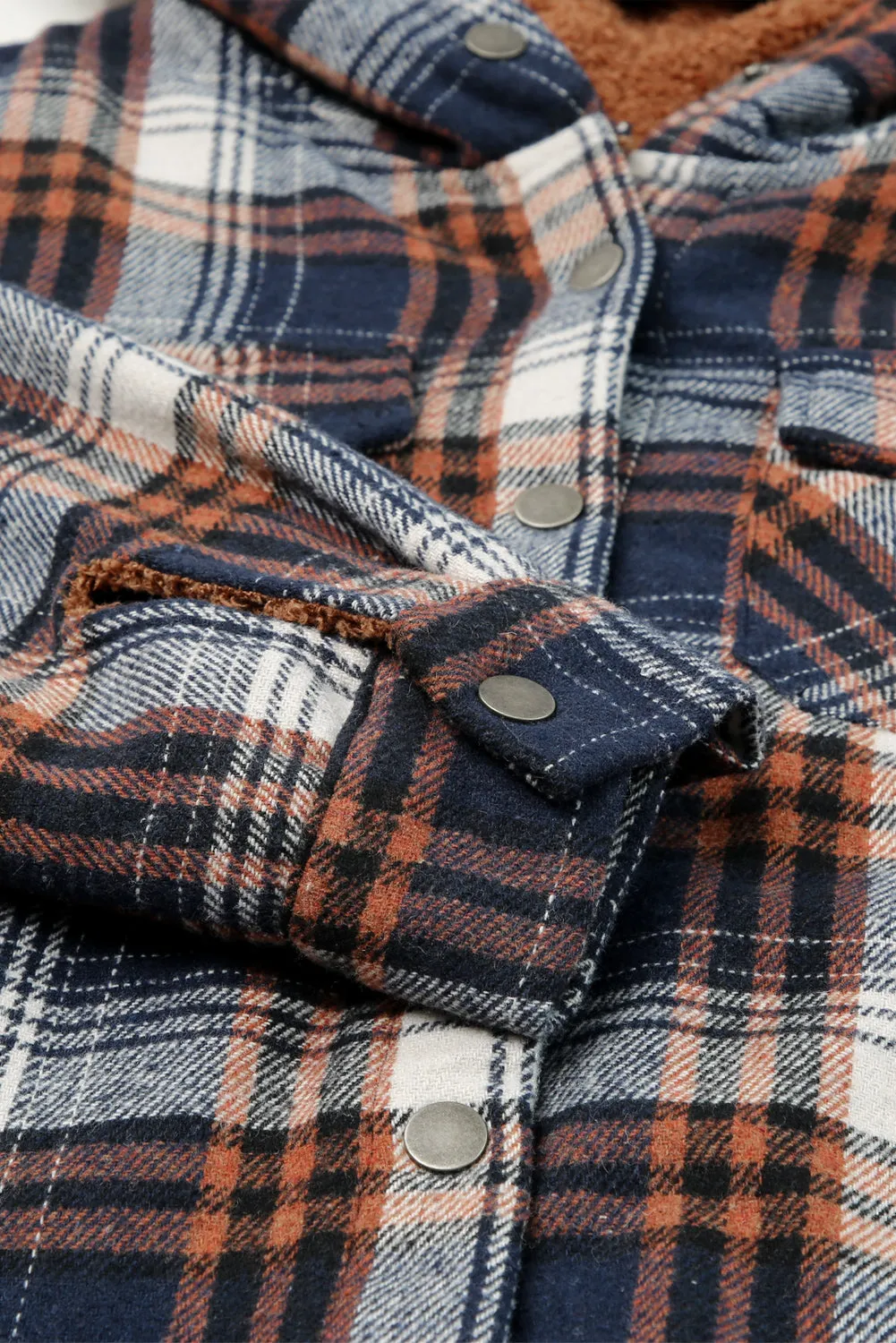 Blue-2 Plaid Pattern Sherpa Lined Hooded Shacket