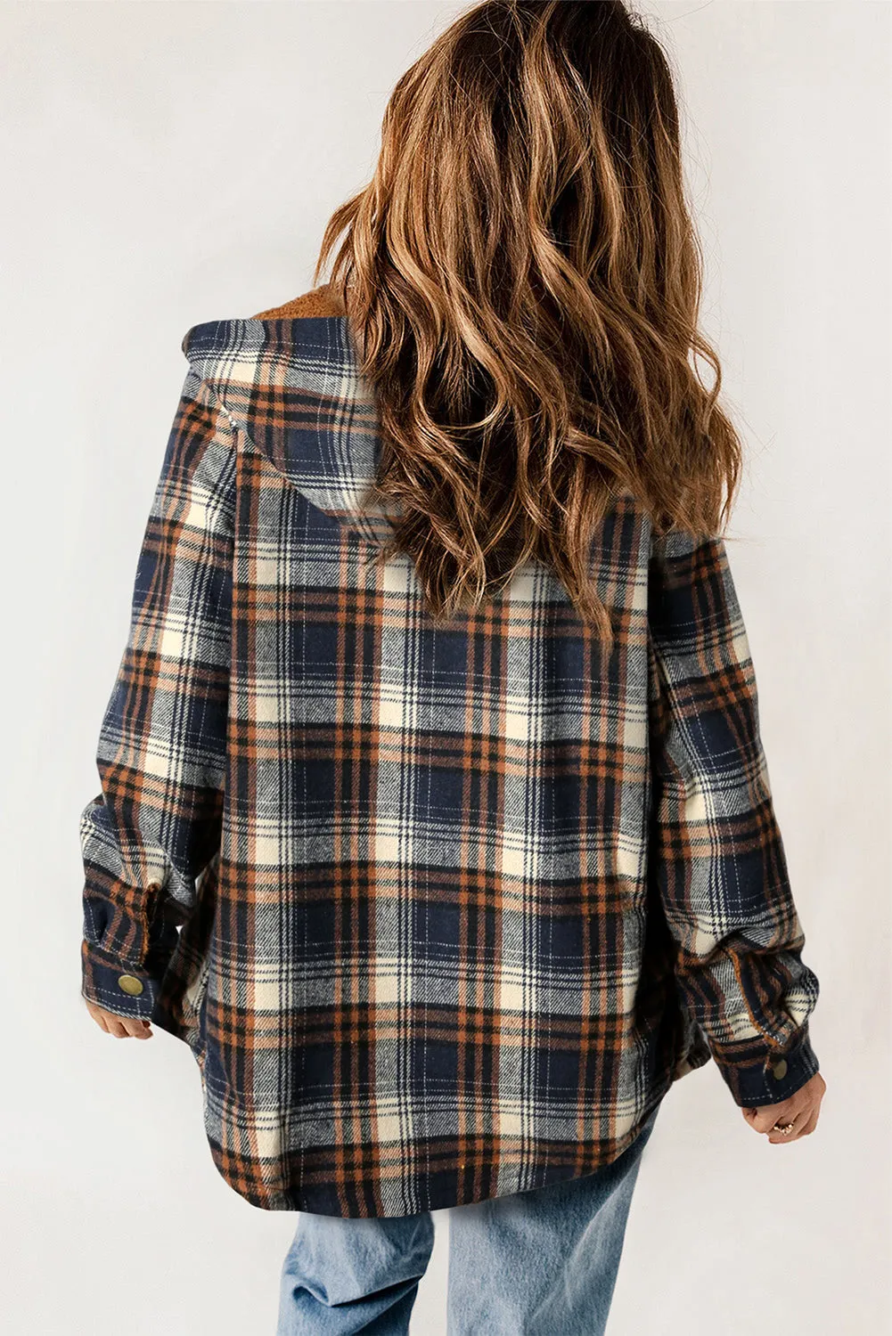 Blue-2 Plaid Pattern Sherpa Lined Hooded Shacket