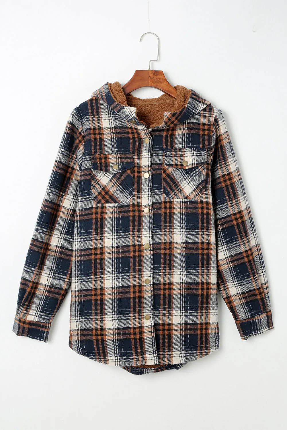 Blue-2 Plaid Pattern Sherpa Lined Hooded Shacket