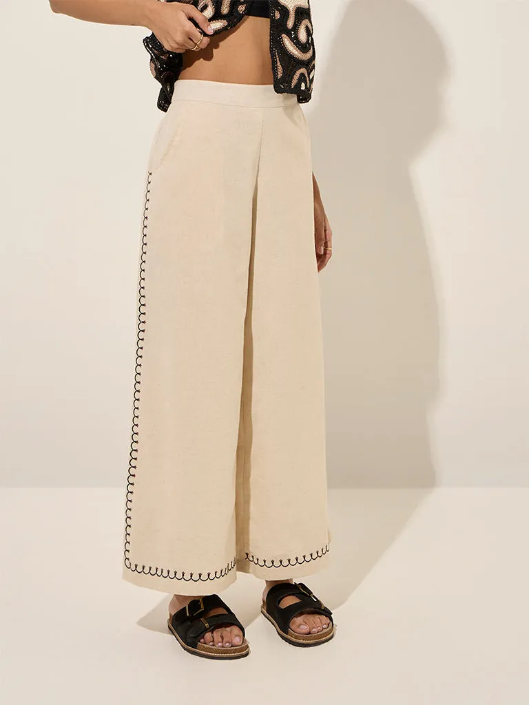 Bombay Paisley Off-White High-Rise Cotton-Blend Palazzos