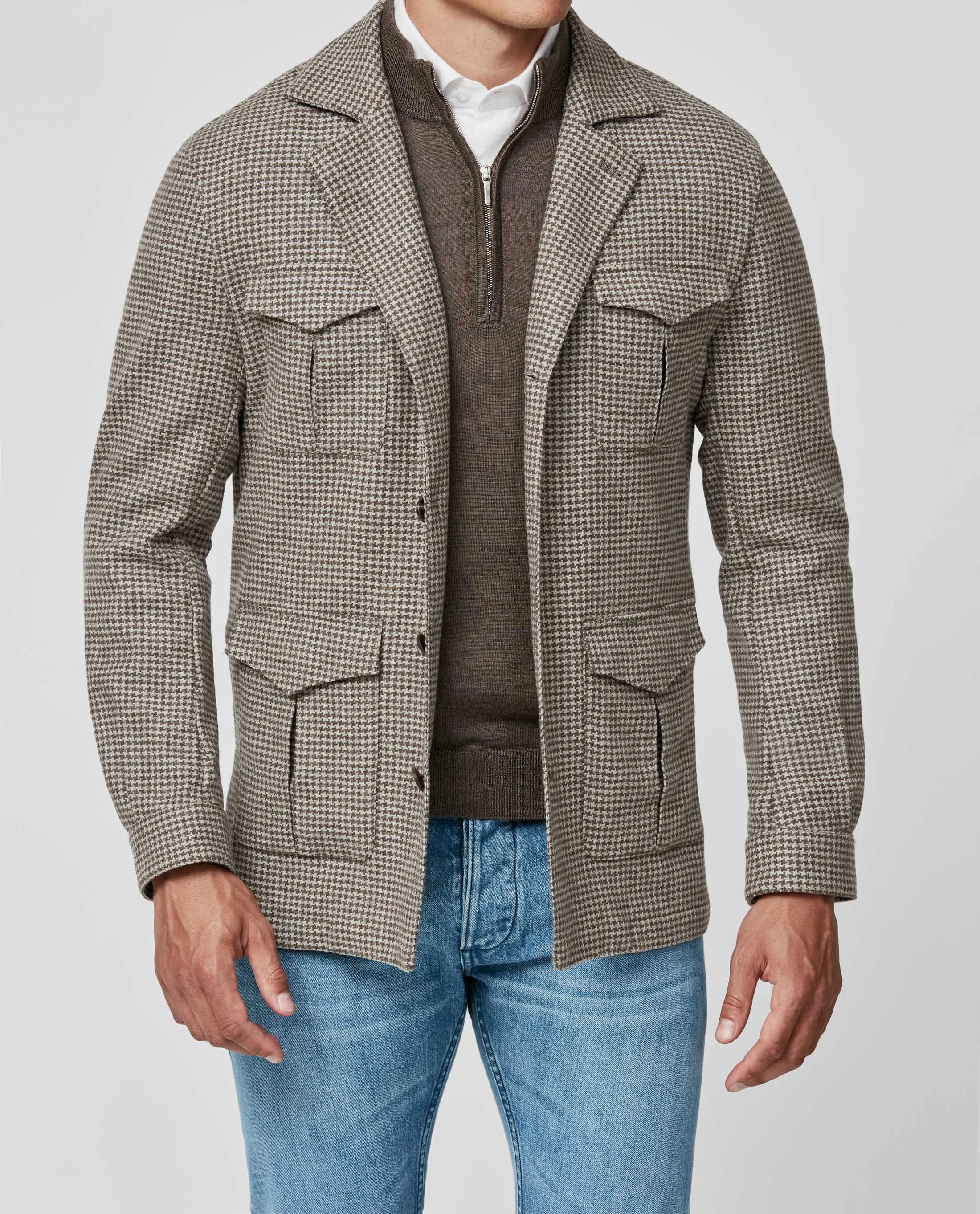 Bottoli Oatmeal & Brown Houndstooth Open Basketweave Merino Wool & Cashmere