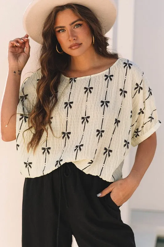 Bow Print Puff Short Sleeve Top