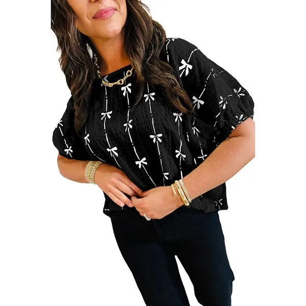 Bow Print Puff Short Sleeve Top