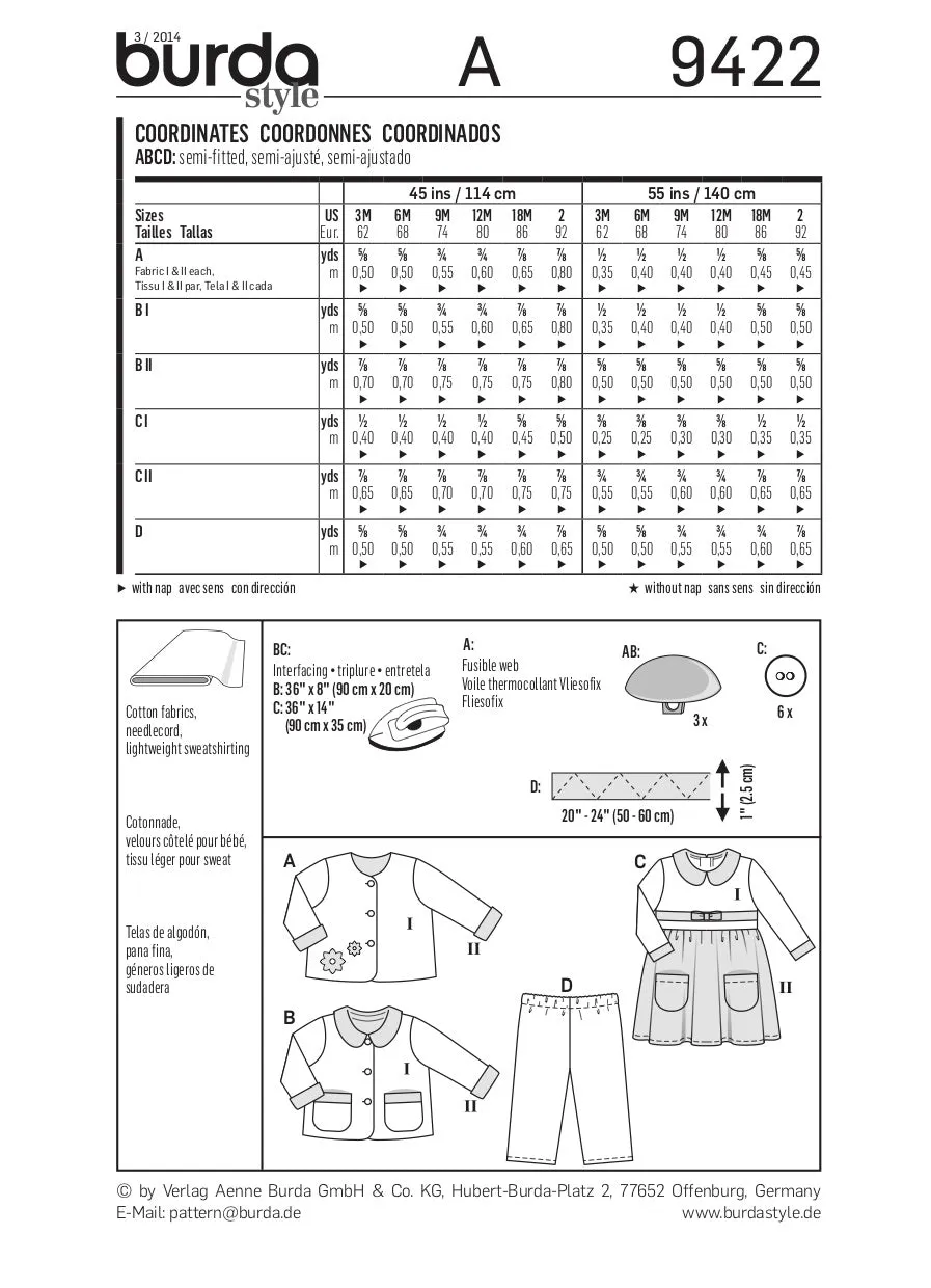 Burda Pattern 9422 Baby Patterns (3M-2Yr)