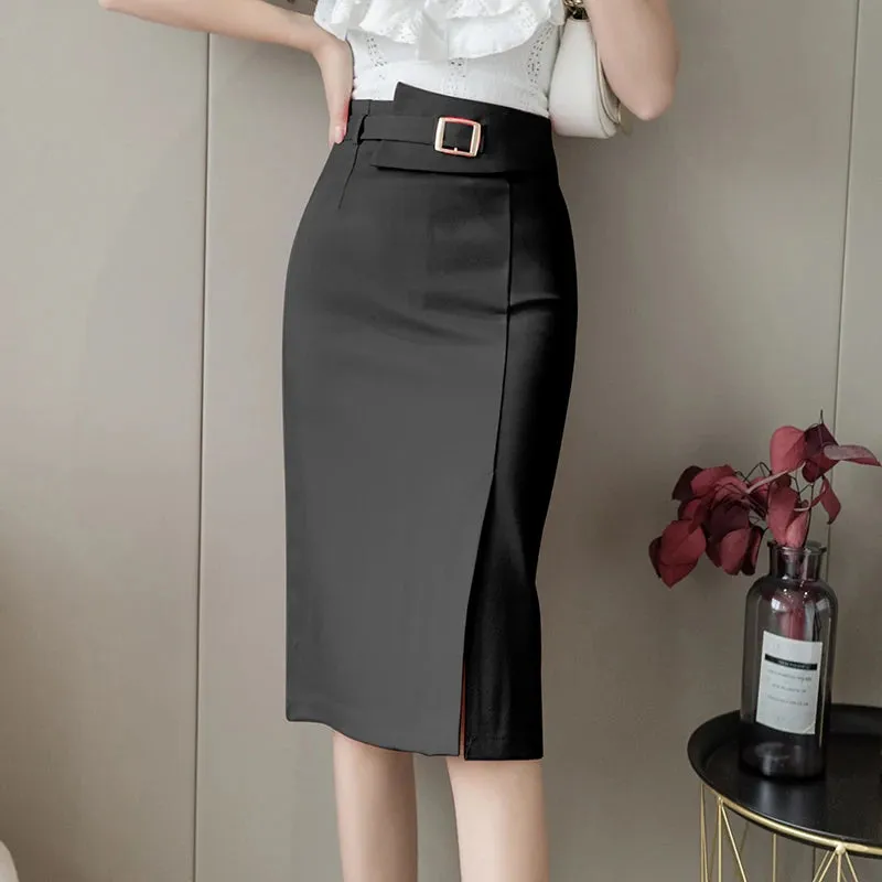 Buttons Women's Wrap Midi Skirts High Waist Workwear Front Split Sheath Pencil Skirts Female