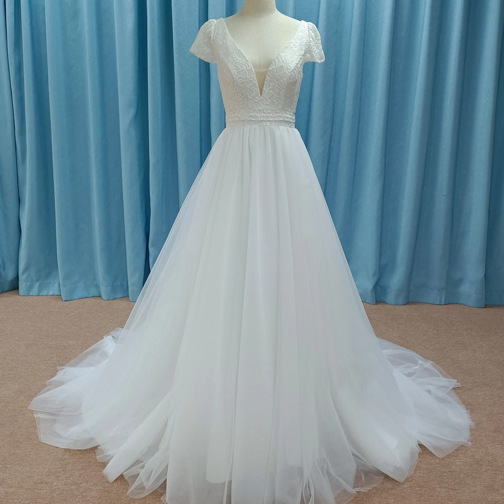 Capped Short Sleeve A-line Tulle Wedding Dress with Vneck
