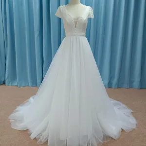 Capped Short Sleeve A-line Tulle Wedding Dress with Vneck