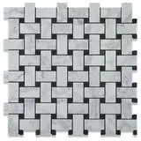 Carrara Marble Italian White Bianco Carrera Basketweave Mosaic Tile with Negro Marquina Black Dots Polished