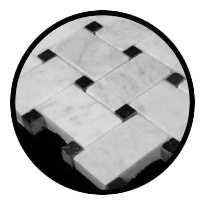 Carrara Marble Italian White Bianco Carrera Basketweave Mosaic Tile with Negro Marquina Black Dots Polished