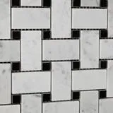 Carrara Marble Italian White Bianco Carrera Basketweave Mosaic Tile with Negro Marquina Black Dots Polished