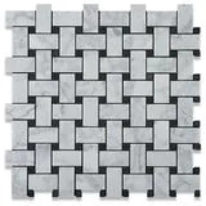 Carrara Marble Italian White Bianco Carrera Basketweave Mosaic Tile with Negro Marquina Black Dots Polished