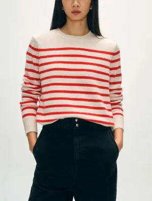 Cashmere Striped Crewneck in Soft White / Desert Red