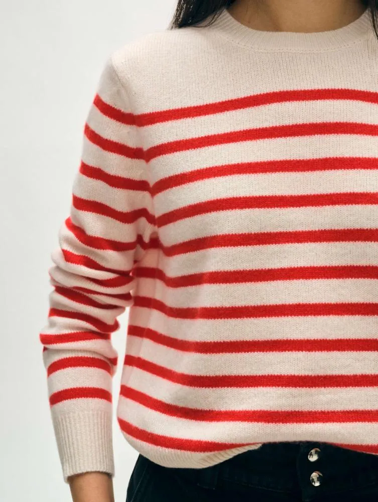 Cashmere Striped Crewneck in Soft White / Desert Red