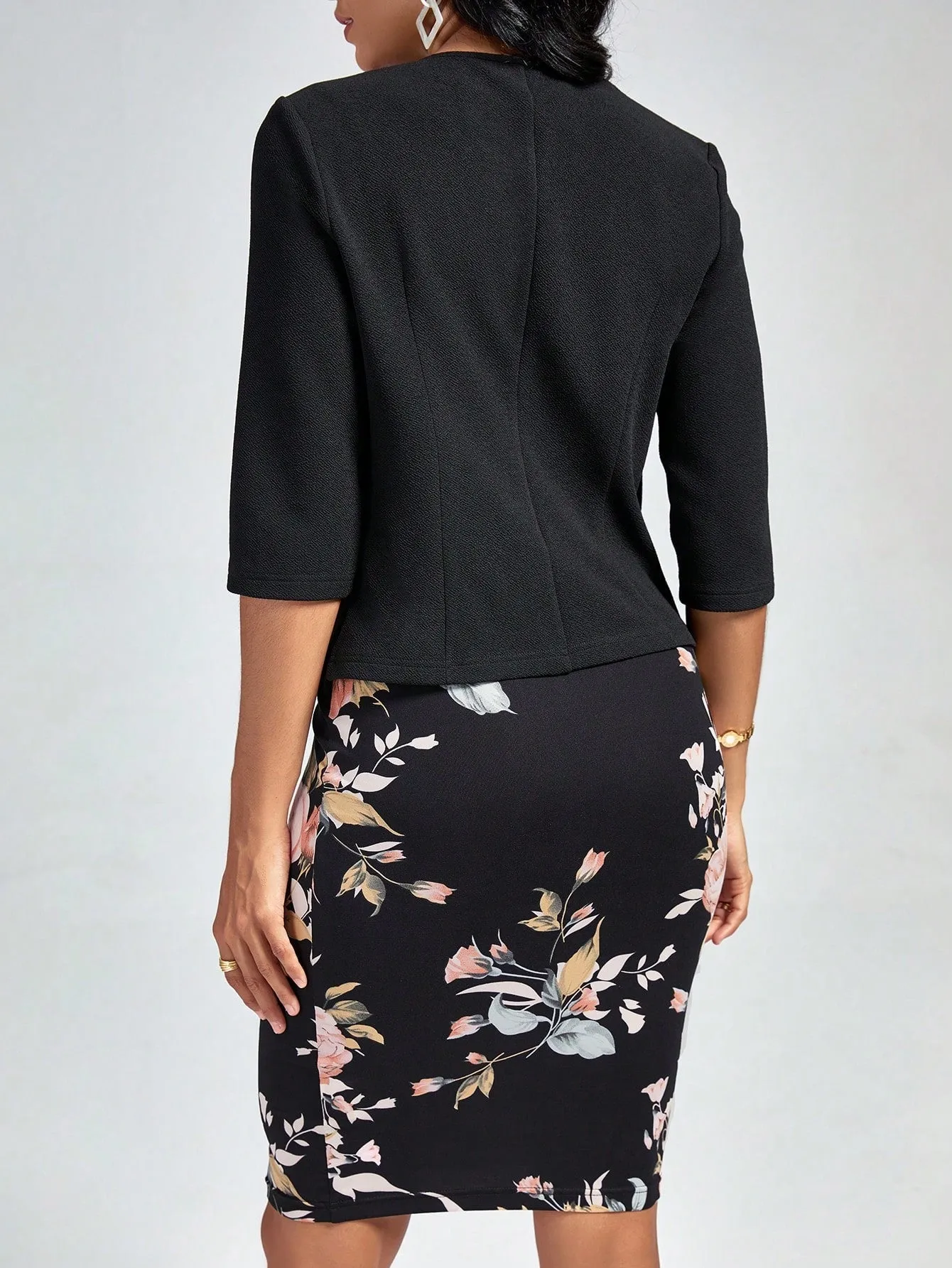 Clasi Women's Solid Color Coat & Flower Print Dress 2pcs/Set
