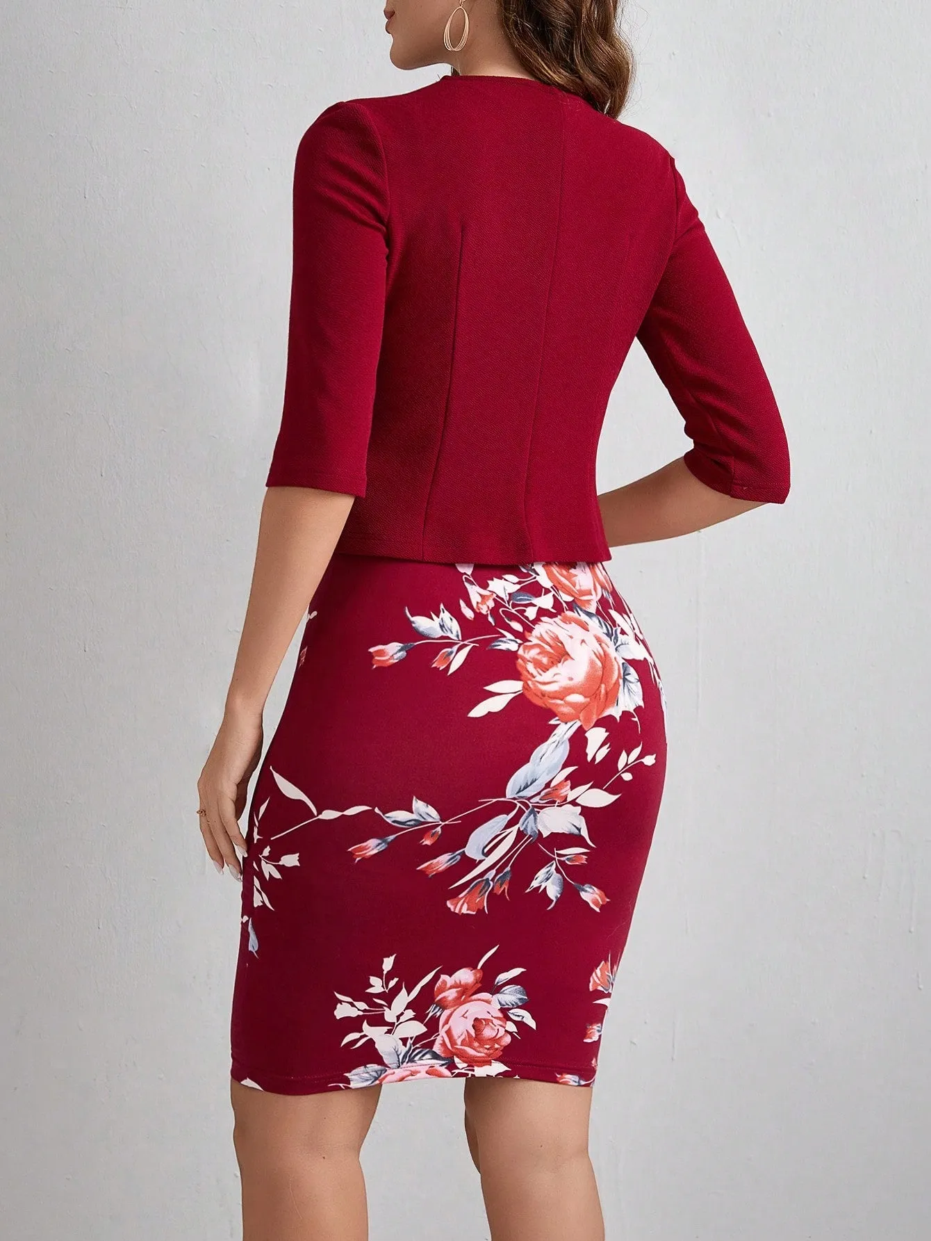 Clasi Women's Solid Color Coat & Flower Print Dress 2pcs/Set