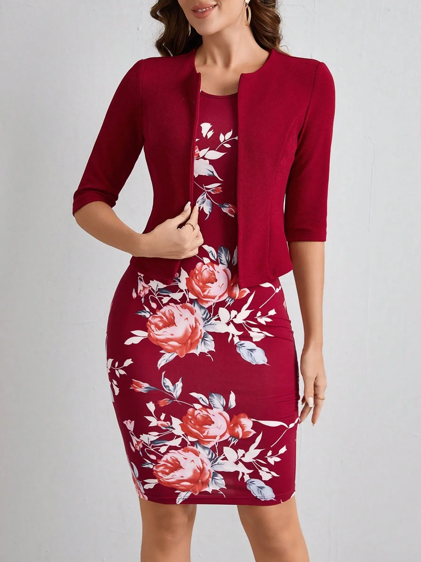 Clasi Women's Solid Color Coat & Flower Print Dress 2pcs/Set