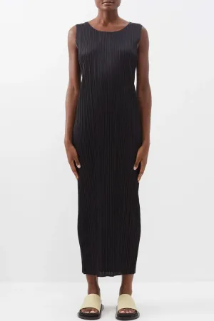 Classy Crew Neck Summer Shift Sleeveless Pleated Midi Dress - Black