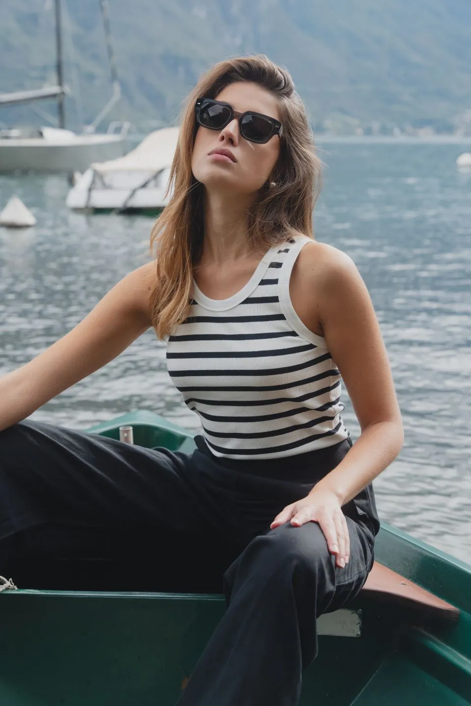 Cobble White Black Stripe Rib Cutaway Tank