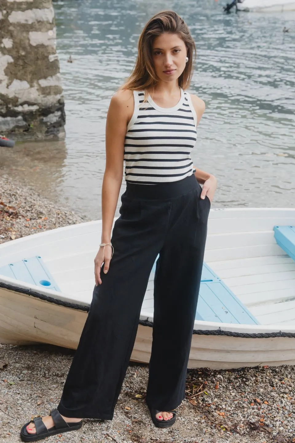 Cobble White Black Stripe Rib Cutaway Tank