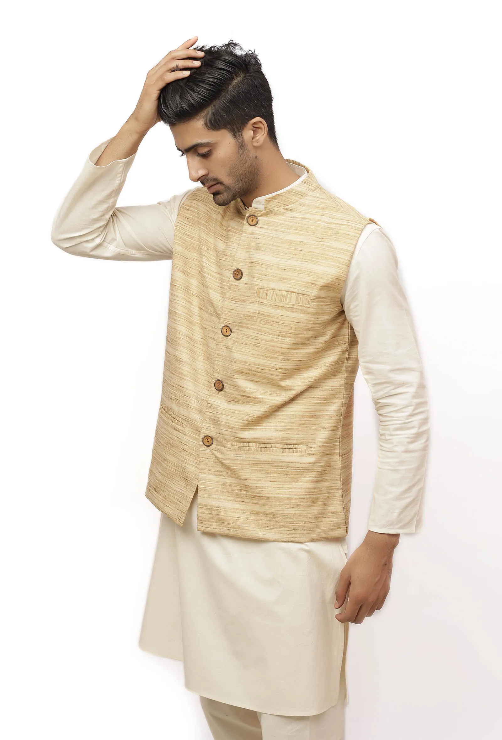 Coconut Cream Matka Silk Nehru Jacket
