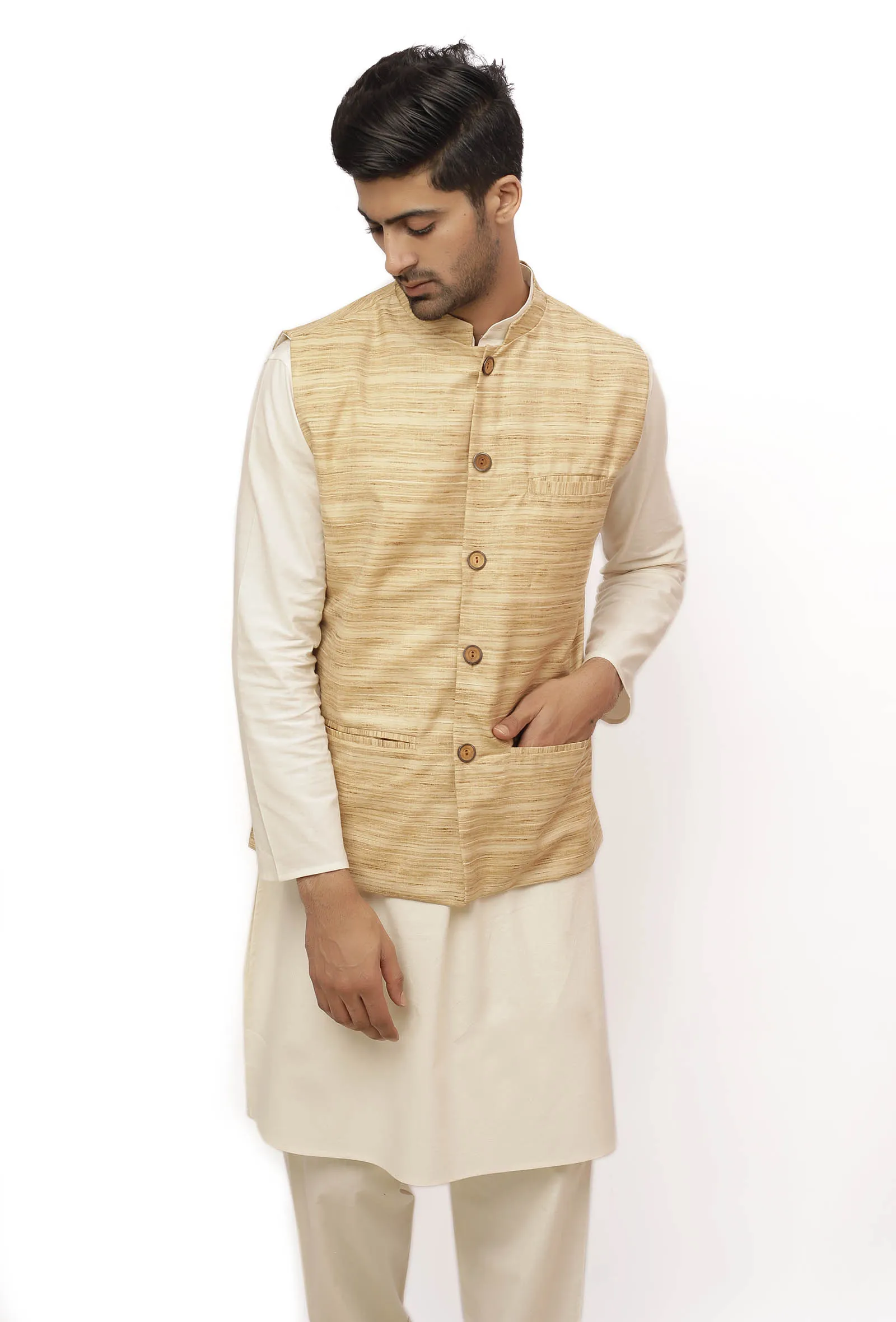 Coconut Cream Matka Silk Nehru Jacket