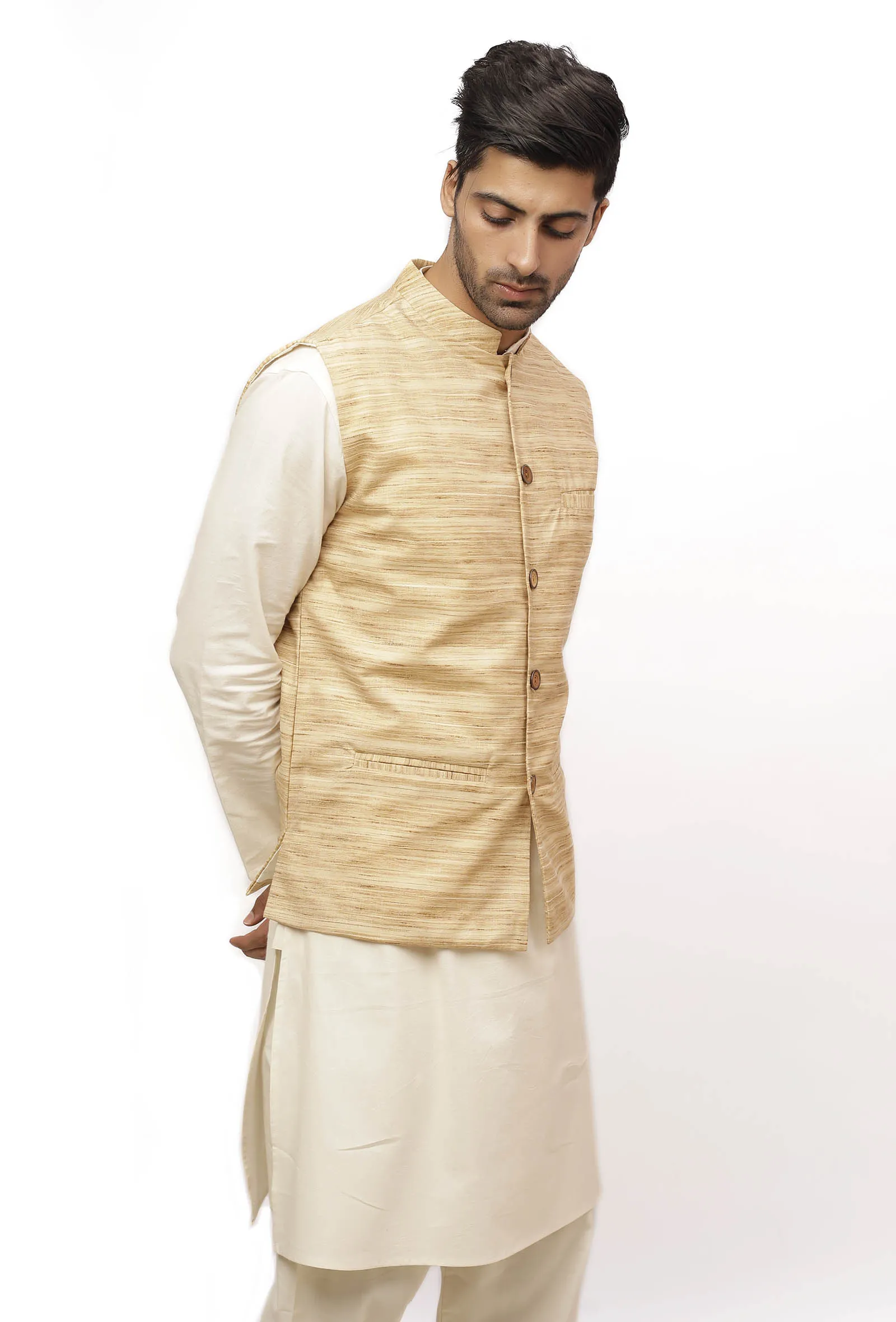 Coconut Cream Matka Silk Nehru Jacket